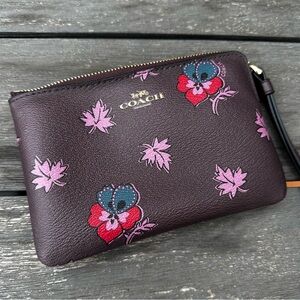 Coach Floral Corner-Zip Wristlet in Maroon